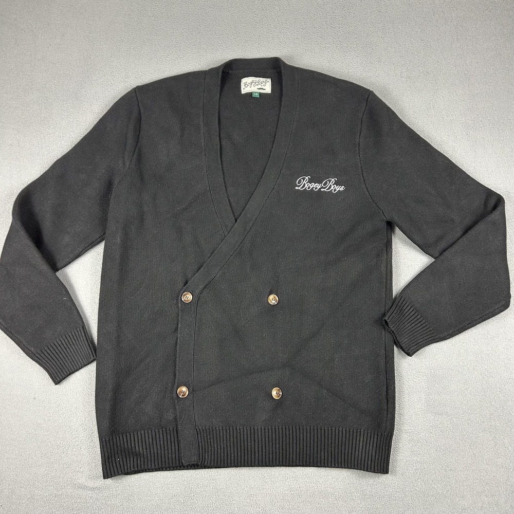 Bogey Boys Cardigan Sweater Mens Large Black Golf Embroidered Logo Button V-Neck